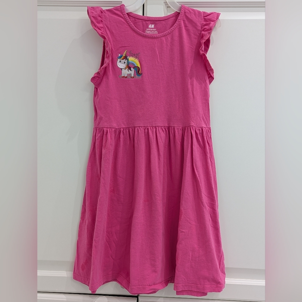 ✨ Free With Purchase✨ H&M Girls Unicorn Dress 6X 7 Pink Organic Cotton Rainbow